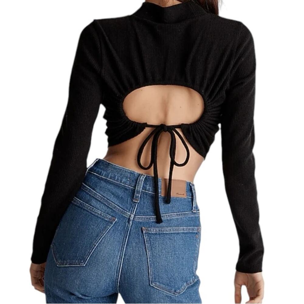 Madewell Black Ribbed Mockneck Open Back Crop Top size XS